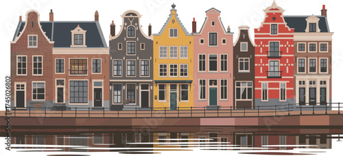 Beautiful Dutch canal houses in Amsterdam reflected on water, traditional Netherlands architecture, European travel illustration, cultural landmark cityscape art