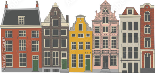 Beautiful Dutch canal houses in Amsterdam reflected on water, traditional Netherlands architecture, European travel illustration, cultural landmark cityscape art