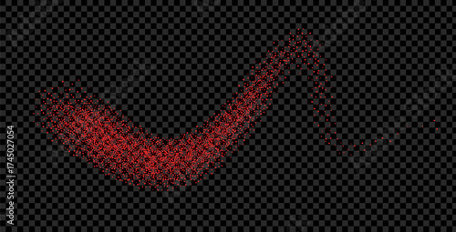 Noise dot gradation red pepper squiggle line. Grainy texture sweet paprika splash curvy element. Spray dotwork wavy form. Vector gritty wave splash. Grunge food figure.