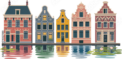 Beautiful Dutch canal houses in Amsterdam reflected on water, traditional Netherlands architecture, European travel illustration, cultural landmark cityscape art