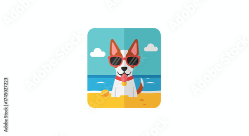Happy dog wearing sunglasses on a beach vacation.