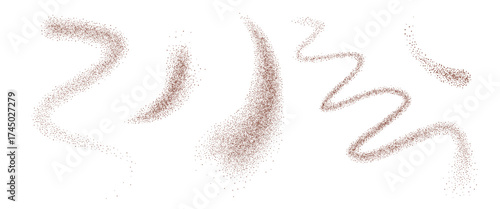 Coffee powder top view figures set. Grounded cocoa squiggle isolated on transparent background. Noise dark brown gradients fly curves. Grainy texture splash wavy textured element. Vector gritty lines.