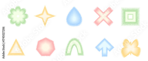 Grain color noise gradient geometric shape set. Y2k stipple arrow, drop and arch with flower forms. Colorful butterfly and star icons on white background. Trendy effect texture. Vector illustration.