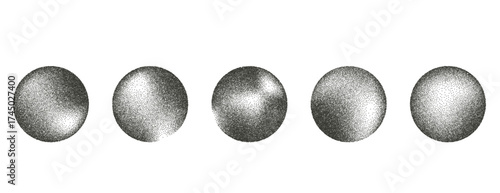 Noise etching circular element set. Grunge abstrract dotwork gradient circles. Black round halftone shapes of dots texture.Balls sand diffuse effect callouts. Vector ink paint spray orbs icons.
