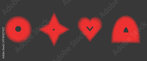 Noise blurry geometric shapes set. Grainy textured red y2k frame elements. Arch, heart, star and circle dotwork text boxes. Vector gritty stickers forms. Grunge geometry spicy pepper callout figures.
