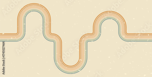 Groovy rainbow curved line background. Wavy stripes vintage colors cover. Playful squiggle wave arch wall design. Vector retro beige wiggle ornament. Noisy 1960s cover wide backgrounds.