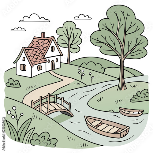 Charming cartoon illustration of a serene countryside landscape with a house and river