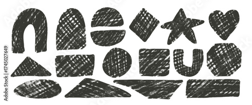 Scribble markers geometric shape set. Naive black ink text boxes frames. Arch, circles and heart figures. Vector hand drawn stickers shapes. Handmade callouts figures illustration.