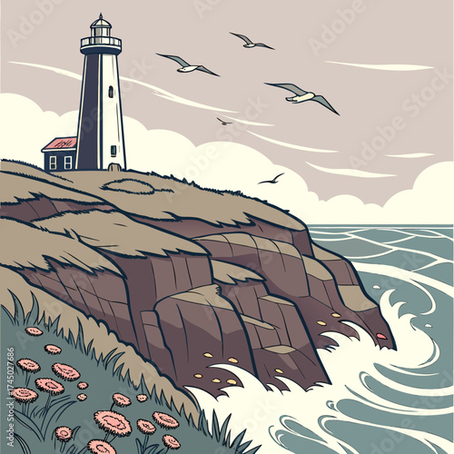 Coastal lighthouse on rocky cliff with seagulls and ocean waves