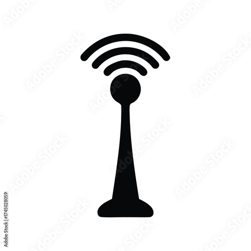 Black and white icon illustration of a wireless internet wifi antenna