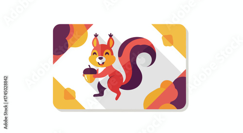 Cute cartoon squirrel holding an acorn with a bushy tail.