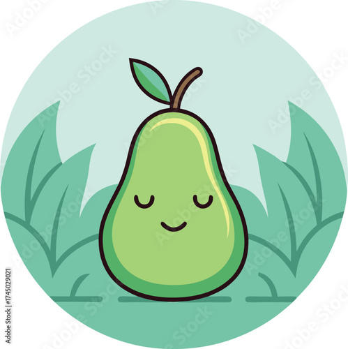 Vector illustration of cute cartoon pear with a happy face, surrounded by green leaves on a light blue background