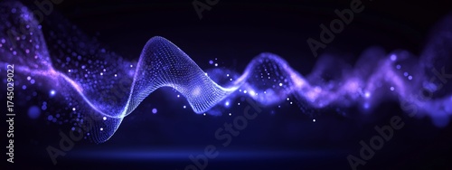 Neon purple wave flows in motion, luminous particles trace wave surface over dark void, soft mesh ripples yield dynamic wave energy for sound visual, tech banner with futuristic vibe and copy space