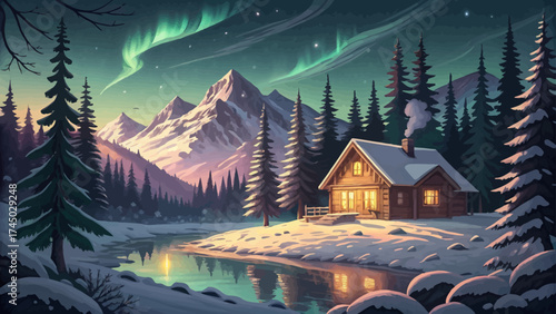 A snowy mountain forest at night with a small wooden cabin glowing warmly among tall pines. Northern lights dance in the sky above, and the frozen lake reflects shades of green and purple light