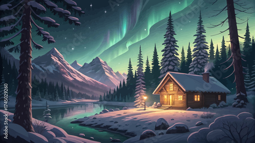 Mountain forest at night with a small wooden cabin glowing with warm light, stars and northern lights in the sky
