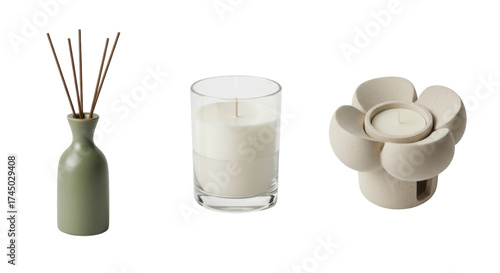 Isolated assortment of various candles and aroma sticks still life close up studio shot