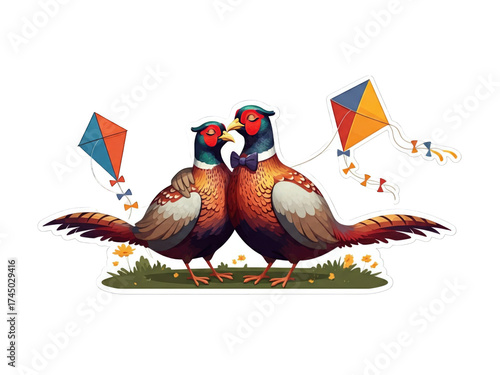 Two colorful birds with kites in a playful scene
