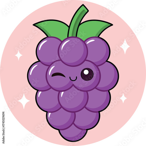 Vector illustration of cute cartoon purple grape winking with a happy face on a pink background with sparkles