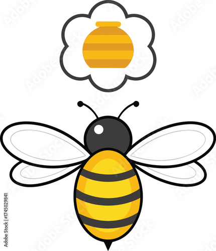 Vector illustration of a cute cartoon bee with black and yellow stripes, flying towards a honey pot icon, isolated on white