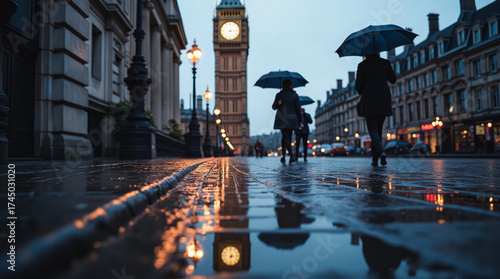 London Street Big Ben Reflected in the Wet London Pavement After Rain Glowing Clock Face and Blue Hour