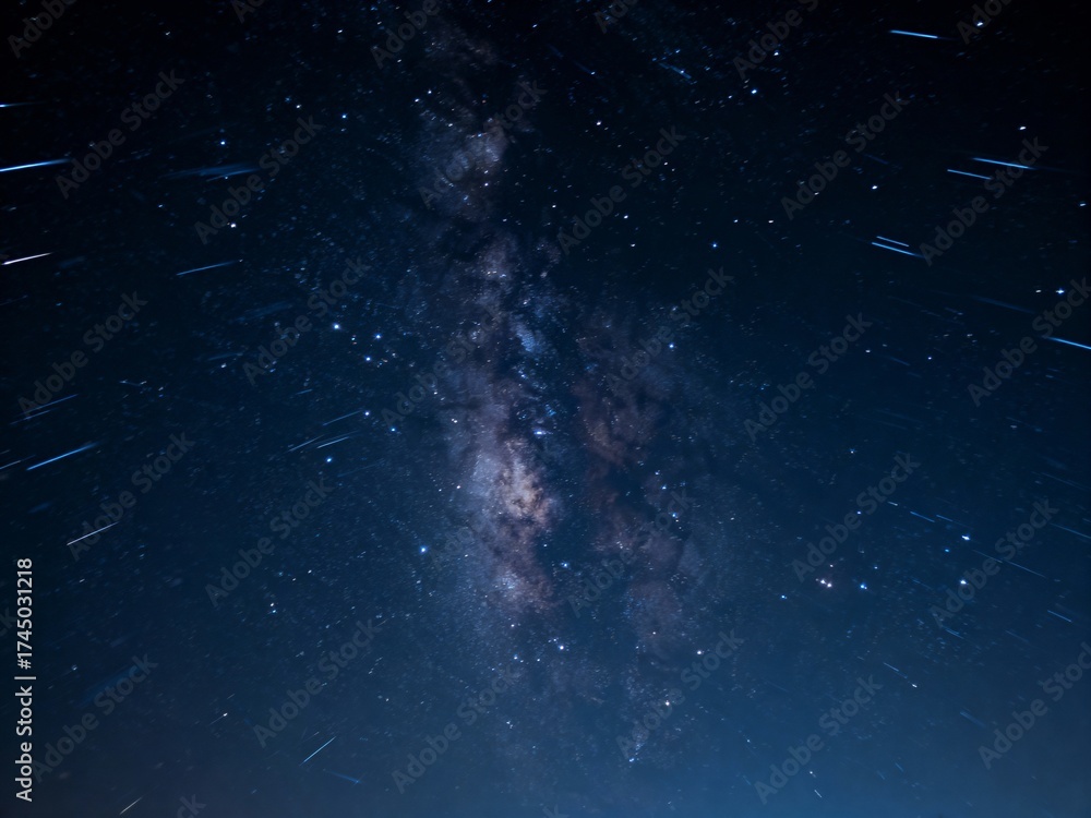 Fototapeta premium A stunning view of the Milky Way galaxy, showcasing vibrant stars and cosmic dust against a deep blue backdrop, with streaks indicating star trails.