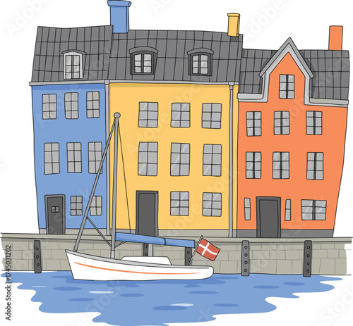 Colorful Scandinavian houses with boat on canal, Copenhagen Denmark architecture illustration, Nordic travel art, European cityscape, tourism design concept