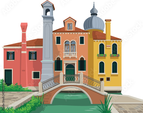 Colorful Venetian buildings with bridge over canal, Italy architecture illustration, European travel art, historical cityscape, tourism and culture design