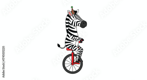 A cartoon zebra performing a circus act on a unicycle.