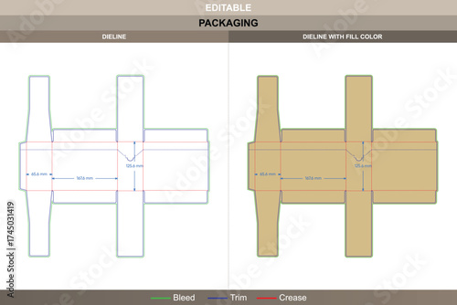 Tear away box dieline, smart packaging structure with vector precision, detailed printing format, and accurate die line setup for easy tear and product wrapping