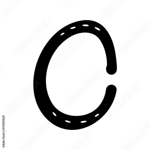 Stylized Black Horseshoe Illustration with Nail Holes on White Background Depiction