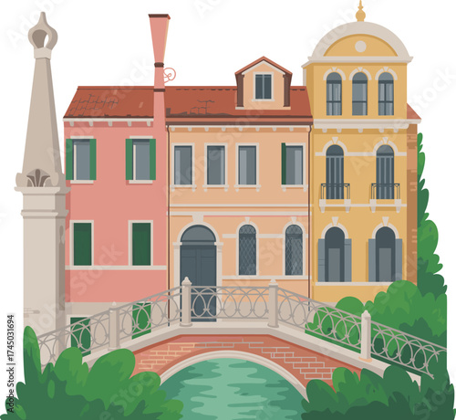 Colorful Venetian buildings with bridge over canal, Italy architecture illustration, European travel art, historical cityscape, tourism and culture design