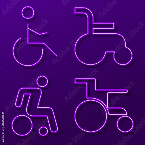 disabled person neon icon group, vector illustration on black background.