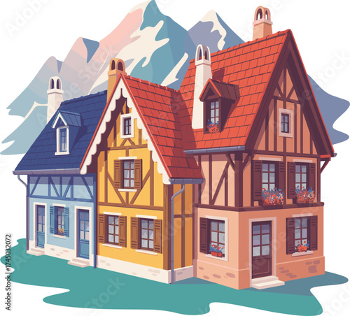 Colorful winter cottages with snow on roof, cozy alpine houses illustration, mountain village scene, holiday travel, Christmas season art