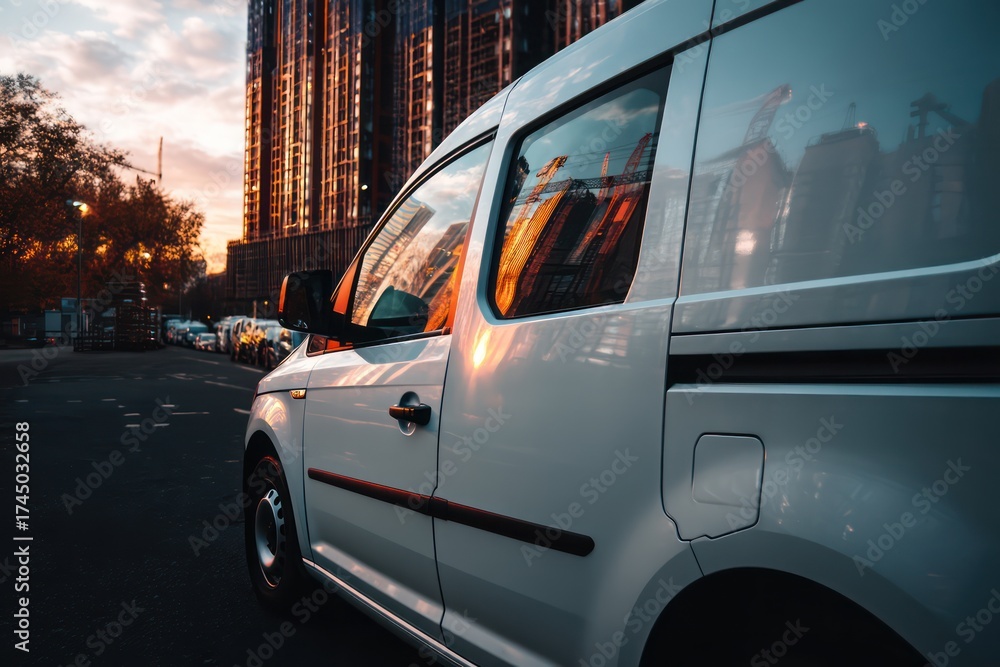 Fototapeta premium Side View White Delivery Van in City