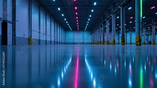 A simple and spacious empty warehouse interior with futuristic neon lighting and reflective floors, creating a modern industrial background