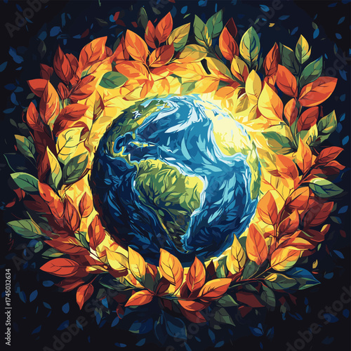 Vibrant poster, globe cradled by luminous, protective leaves, representing environmental stewardship and global care. , vector style simple color