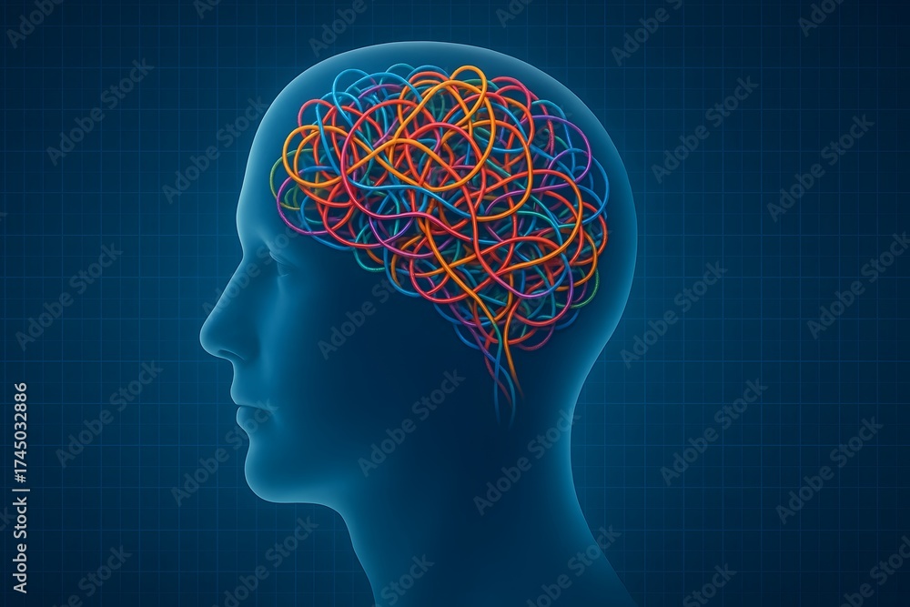 Obraz premium Blue head profile with tangled multicolored lines in brain area. Represents mental complexity, stress, and cognitive overload in scientific context.