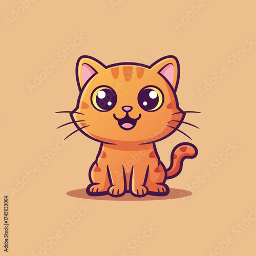 Adorable cartoon cat sitting on a chair, with big eyes and a happy smile. Vector illustration.