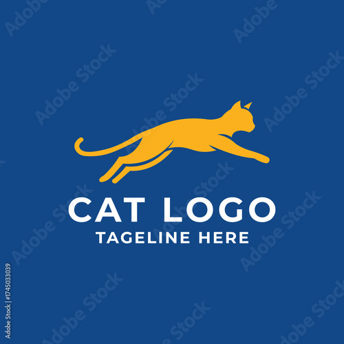 Dynamic cat logo design silhouette for brand identity on a blue background. Vector illustration.