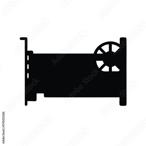 A black and white graphic card with a cooling fan depicted in silhouette
