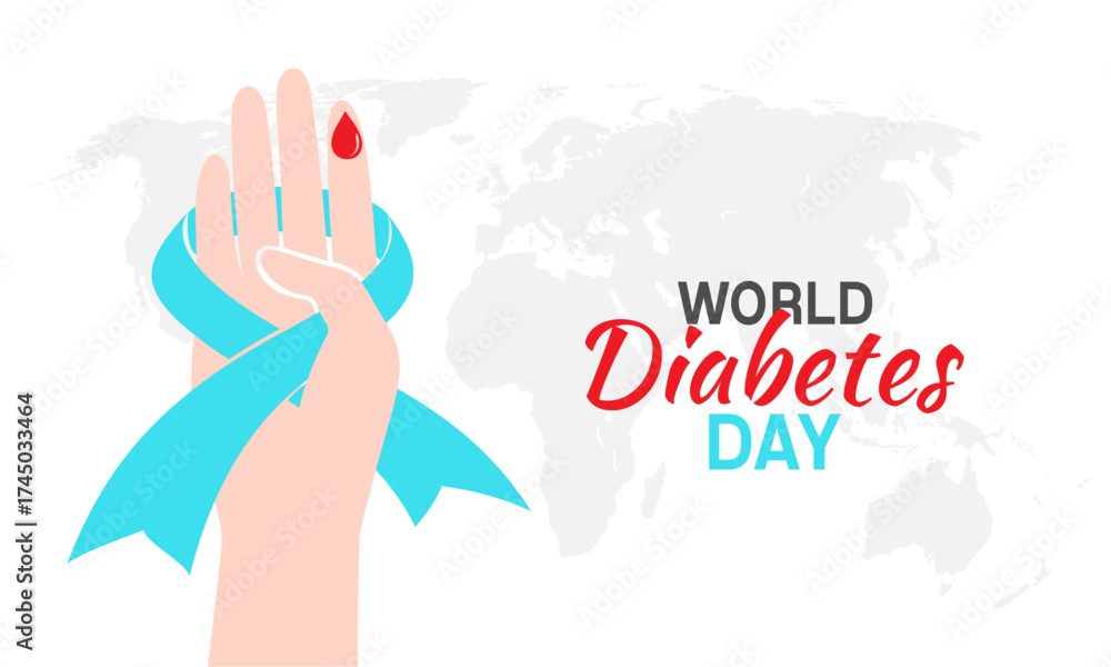 Fototapeta premium Diabetes day poster. Vector illustration of diabetes concept. Human hand with blood drop and blue ribbon on the world map backdrop