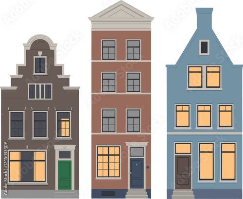 Traditional Dutch canal houses with warm lights, Amsterdam city architecture illustration, European travel landmark, Netherlands heritage, urban design art
