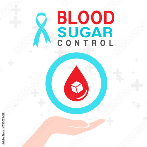 Diabetes day poster. Vector illustration of diabetes concept. Human hand with blood drop and blue ring