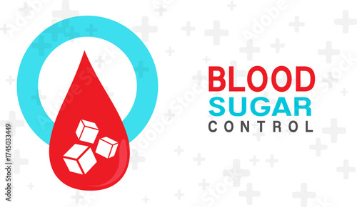 Blood sugar control. Diabetes concept poster. Vector illustration with blue circle and blood drop