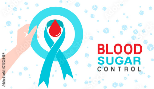 Blood sugar control. Diabetes concept poster. Vector illustration of hand holding blue ribbon and circle with blood drop on the flying sugar backdrop