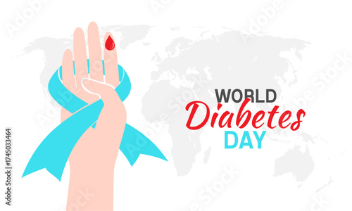 Diabetes day poster. Vector illustration of diabetes concept. Human hand with blood drop and blue ribbon on the world map backdrop