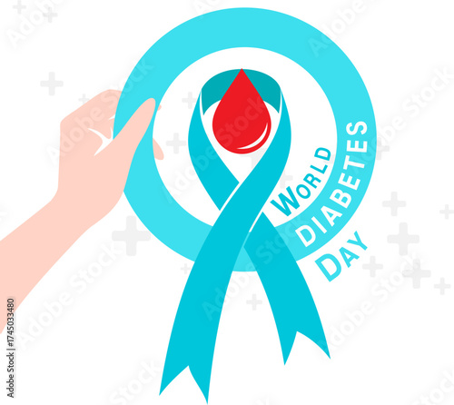Diabetes day poster. Vector illustration of diabetes concept with hand holding blue ribbon and circle with blood drop