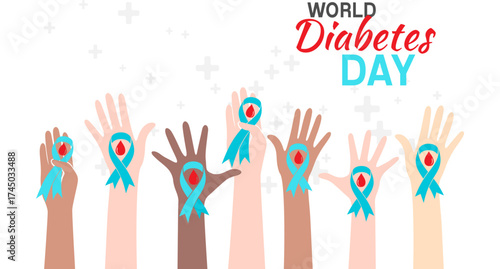 Diabetes day poster. Vector illustration of diabetes concept with hands holding blue ribbons
