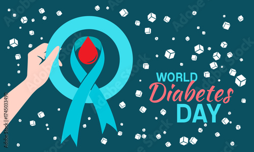 Diabetes day poster. Vector illustration of diabetes concept with hand holding blue ribbon and circle with blood drop on the flying sugar backdrop