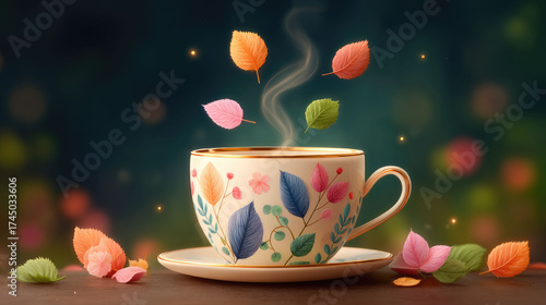 A whimsical steaming teacup with stylized, colorful autumn leaves floating around it in a magical scene